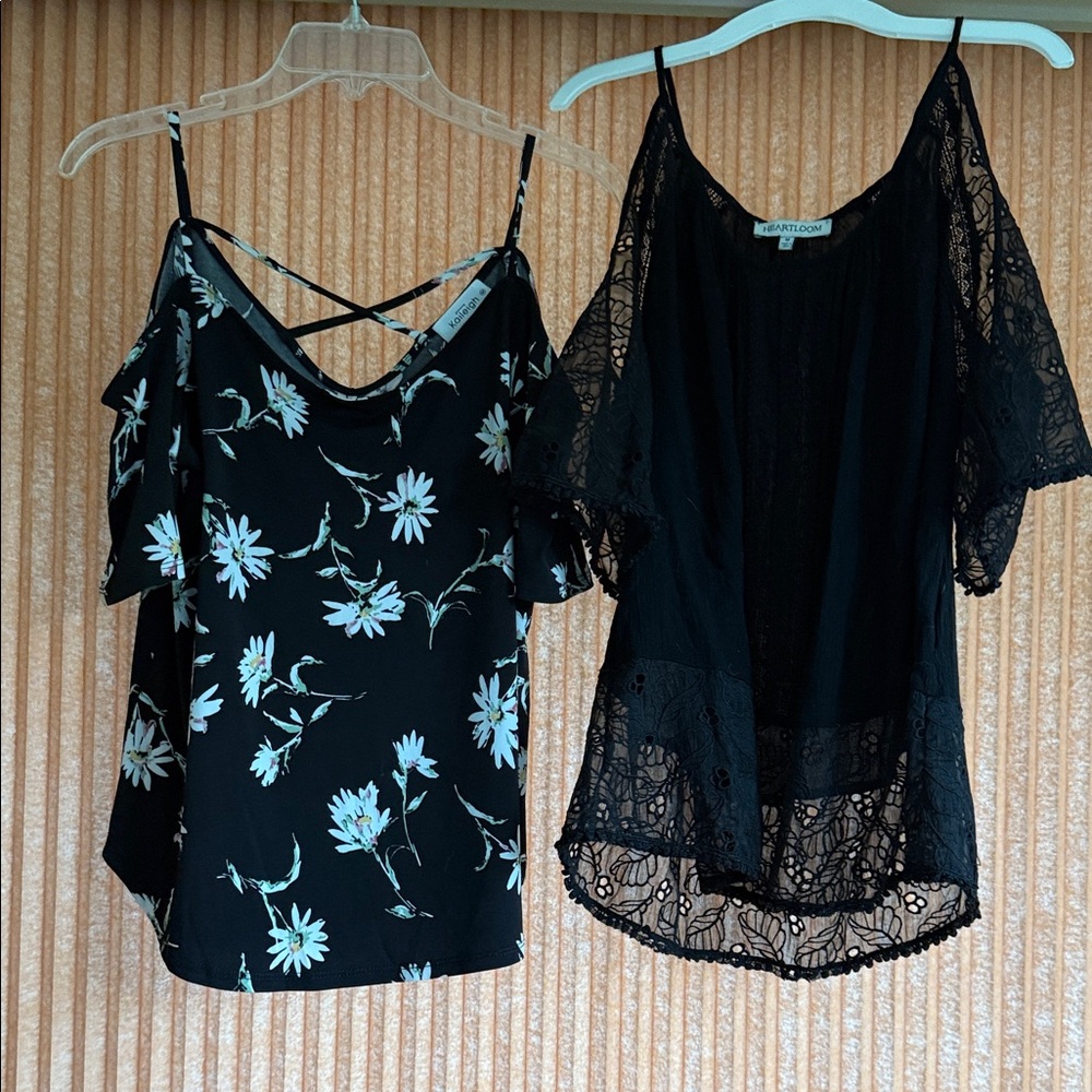 Kaileigh Black Floral Blouse and solid black Lace off the shoulder Blouse